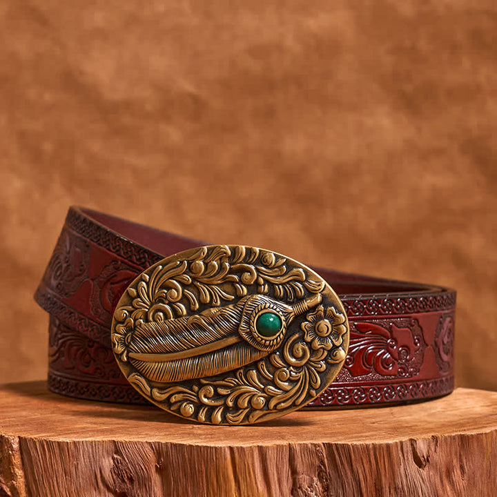 Brass DIY Carved Feather Stone Inlaid Buckle Leather Belt