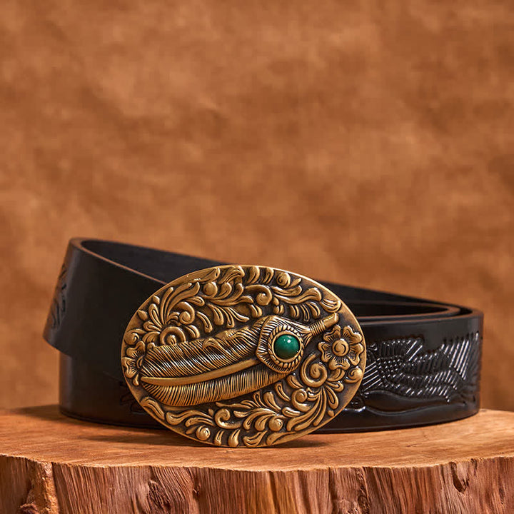 Brass DIY Carved Feather Stone Inlaid Buckle Leather Belt