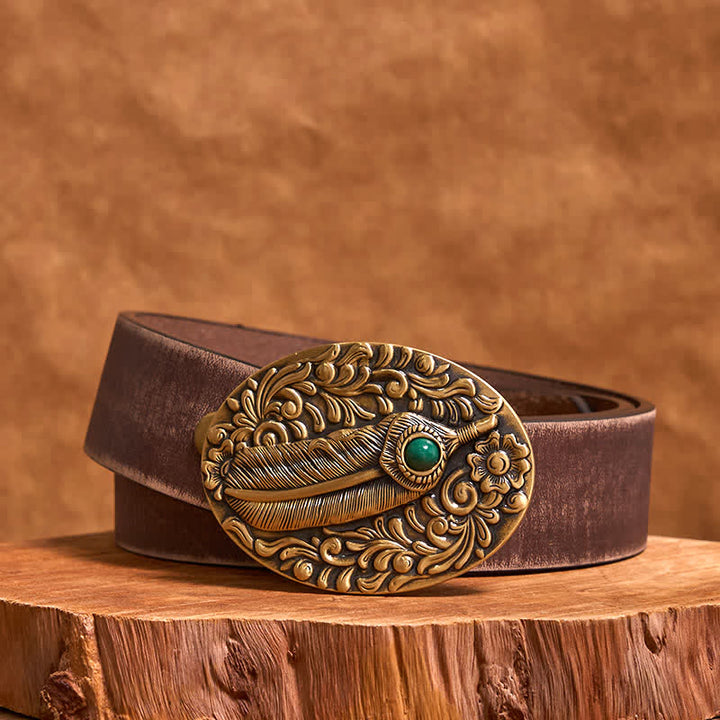 Brass DIY Carved Feather Stone Inlaid Buckle Leather Belt