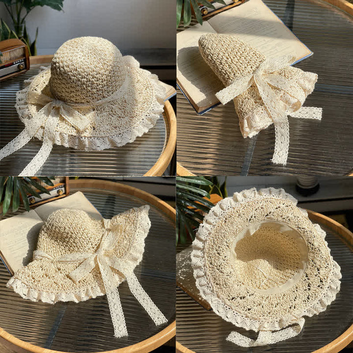 Women's Hollow Bow Lace Brim Summer Foldable Straw Hat