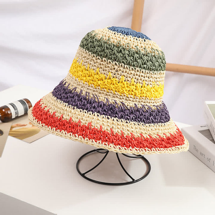 Women's Boho Style Colorful Rainbow Foldable Straw Hat