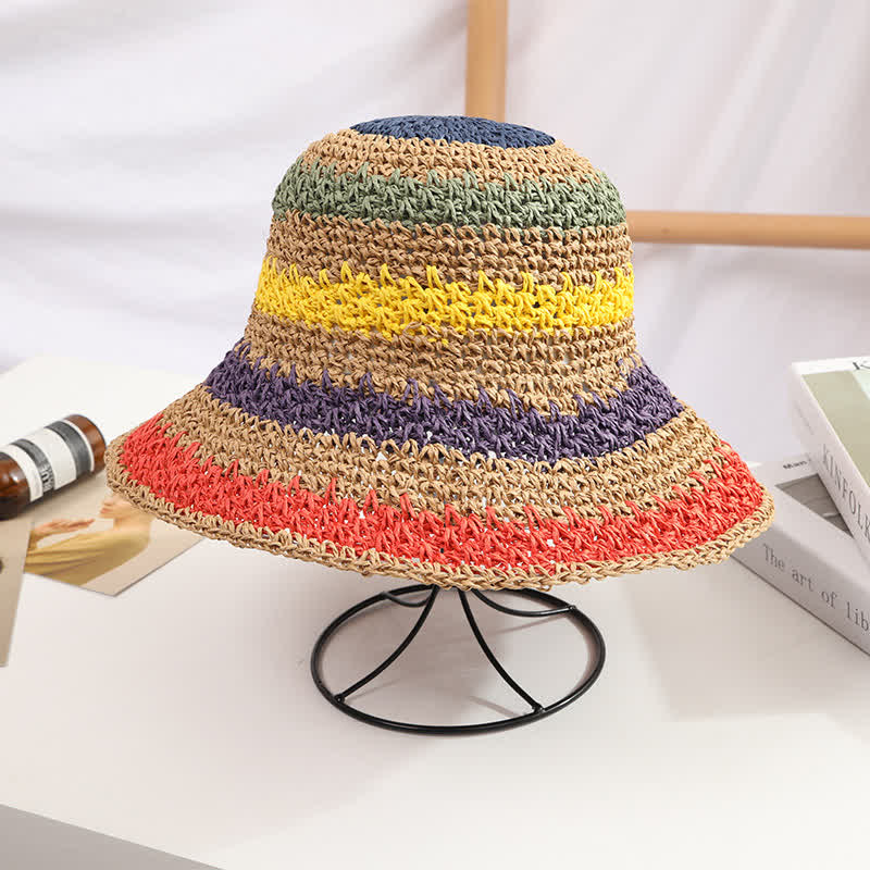 Women's Boho Style Colorful Rainbow Foldable Straw Hat