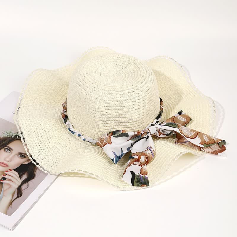 Women's Summer Flower Ribbon Pearl Decor Foldable Straw Hat