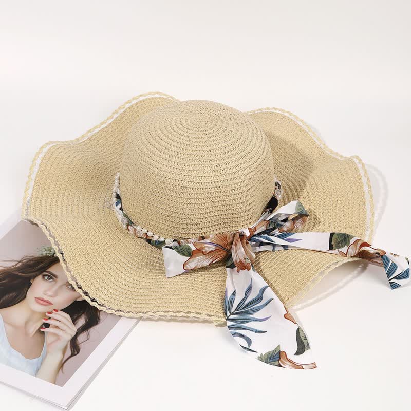 Women's Summer Flower Ribbon Pearl Decor Foldable Straw Hat