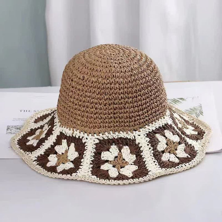 Women's Woven Floral Crochet Bucket Foldable Straw Hat