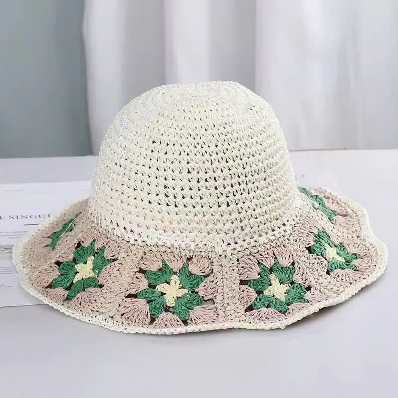 Women's Woven Floral Crochet Bucket Foldable Straw Hat