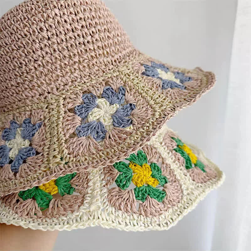 Women's Woven Floral Crochet Bucket Foldable Straw Hat