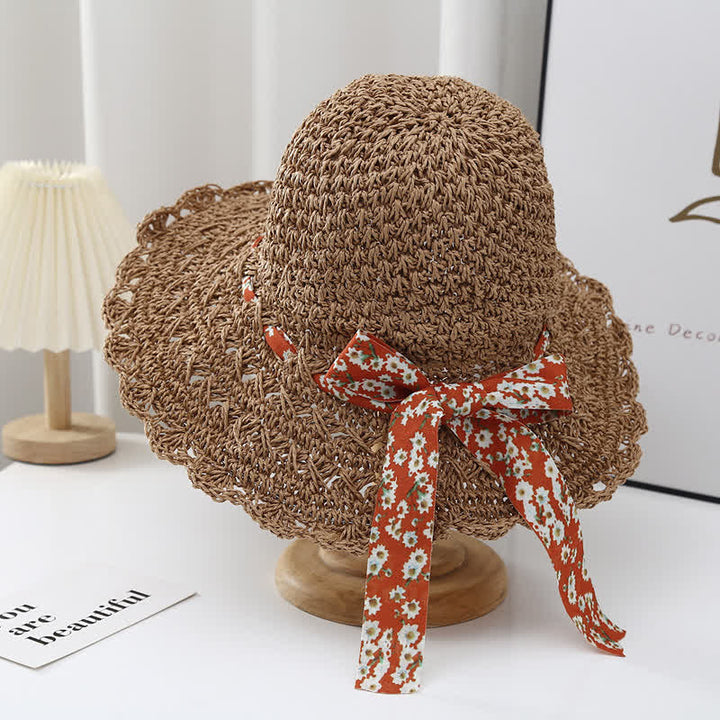 Women's Little Floral Ribbon Decor Foldable Straw Hat