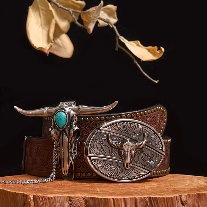 Practical DIY Hidden Knife Buckle Turquoise Longhorn Bull Pendant Bundle Set - Bull - Brown Rivet Belt - 40 - image 26