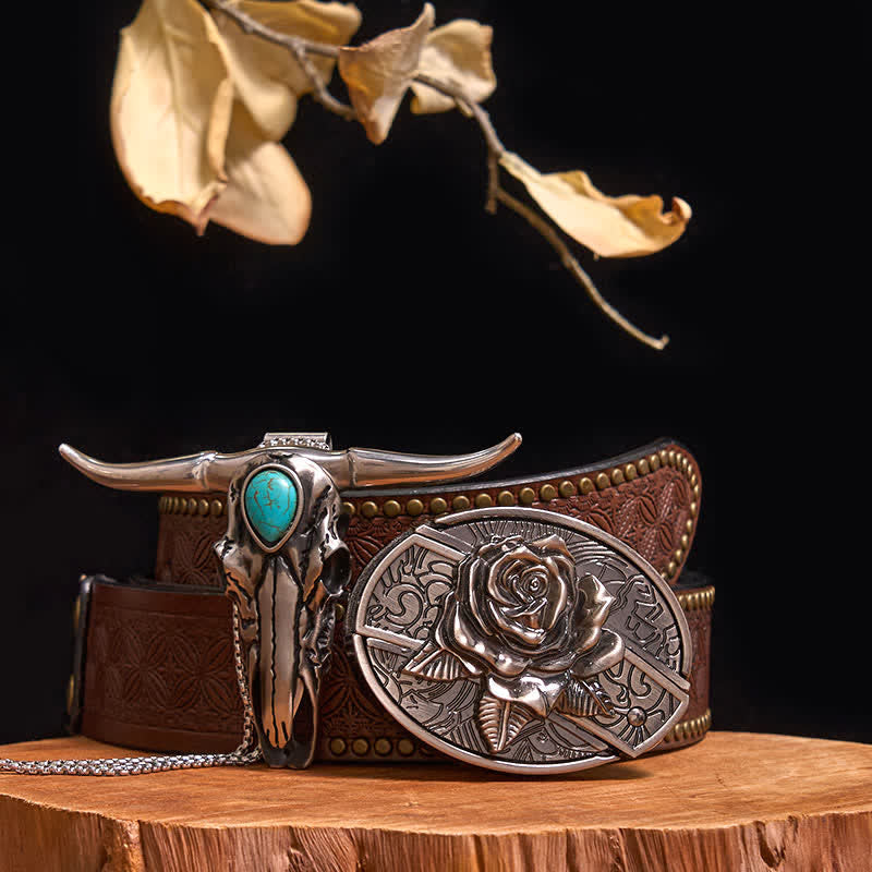 Practical DIY Hidden Knife Buckle Turquoise Longhorn Bull Pendant Bundle Set - Rose - Brown Rivet Belt - 40 - image 19