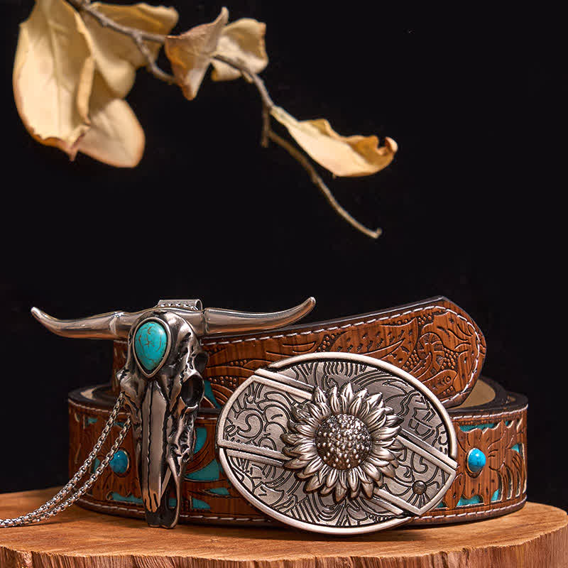 Practical DIY Hidden Knife Buckle Turquoise Longhorn Bull Pendant Bundle Set - Sunflower - Turquoise Carved Belt - 40 - image 4