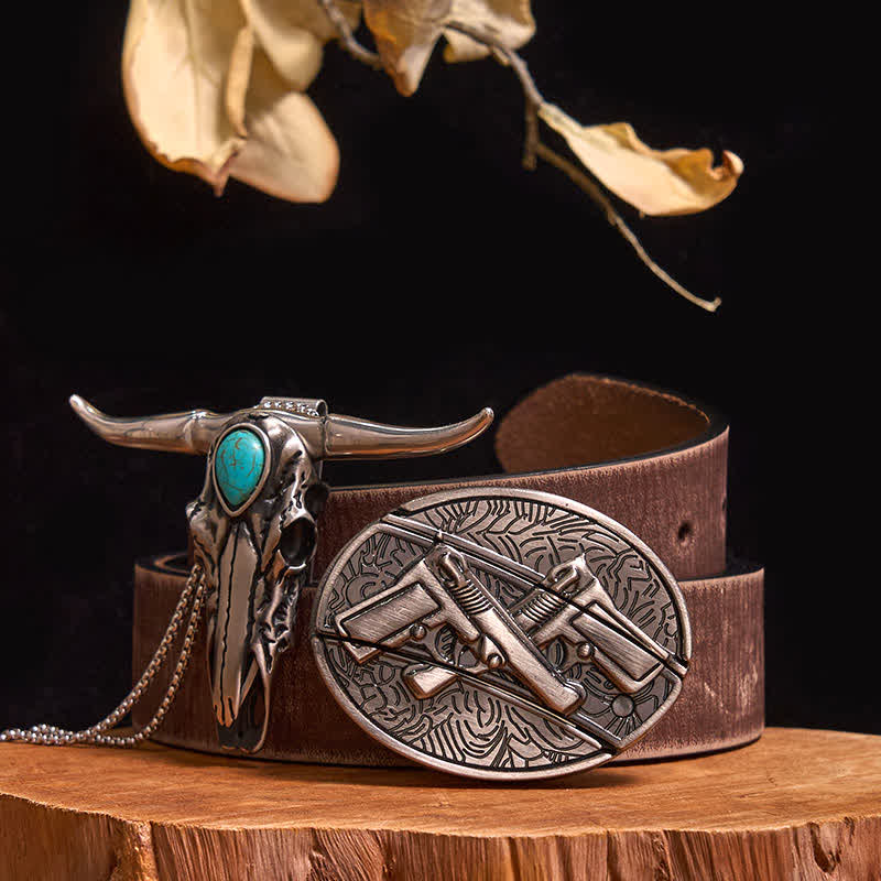 Practical DIY Hidden Knife Buckle Turquoise Longhorn Bull Pendant Bundle Set - Dual Pistols - Brown Distressed Belt - 40 - image 34