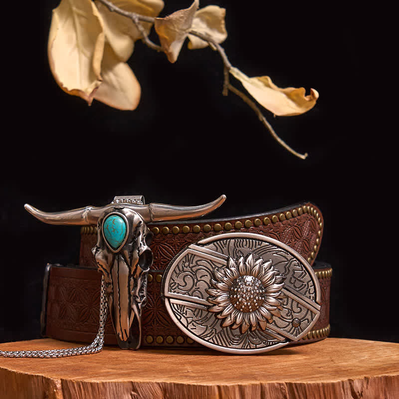 Practical DIY Hidden Knife Buckle Turquoise Longhorn Bull Pendant Bundle Set - Sunflower - Brown Rivet Belt - 40 - image 5