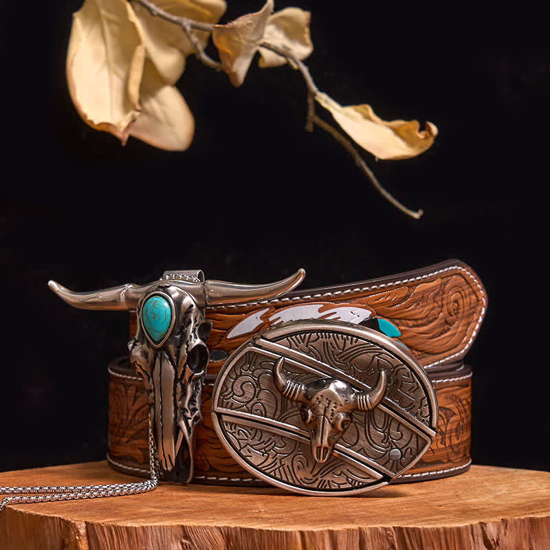 Practical DIY Hidden Knife Buckle Turquoise Longhorn Bull Pendant Bundle Set - Bull - Brown Feather Belt - 40 - image 29