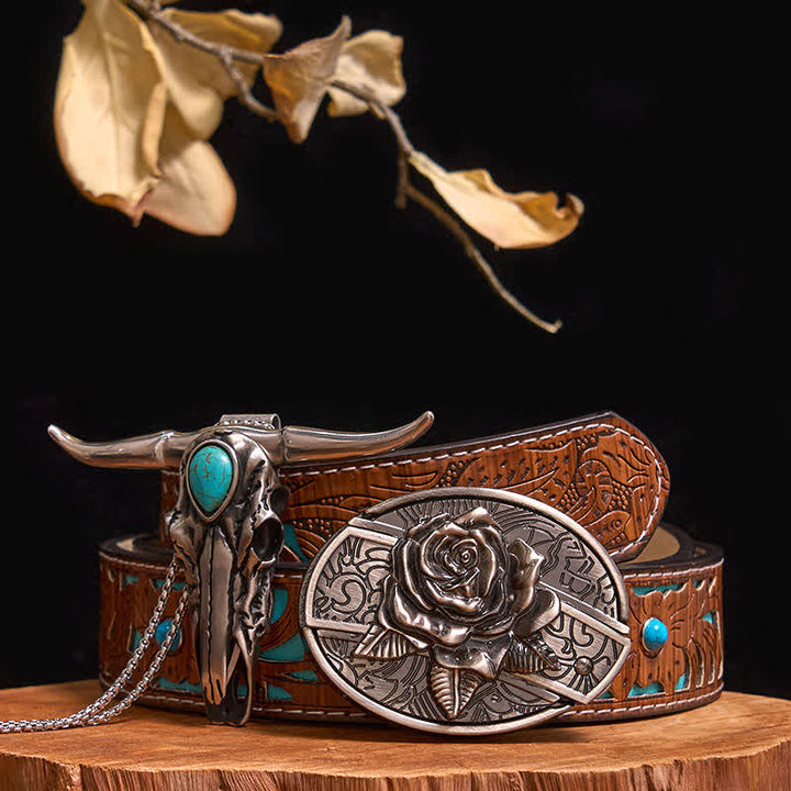 Practical DIY Hidden Knife Buckle Turquoise Longhorn Bull Pendant Bundle Set - Rose - Turquoise Carved Belt - 40 - image 18