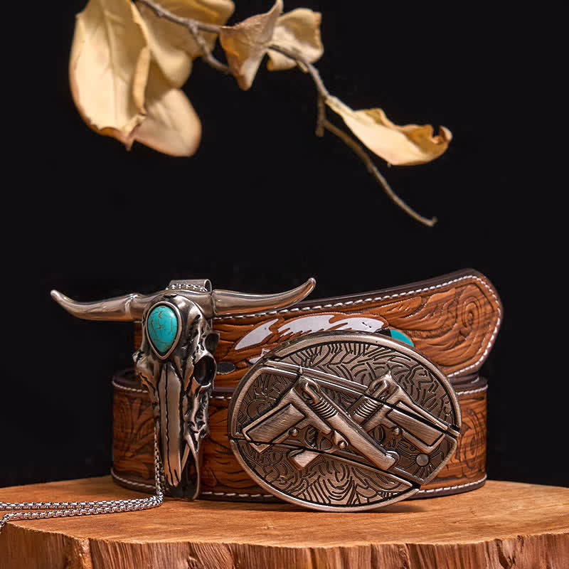 Practical DIY Hidden Knife Buckle Turquoise Longhorn Bull Pendant Bundle Set - Dual Pistols - Brown Feather Belt - 40 - image 36