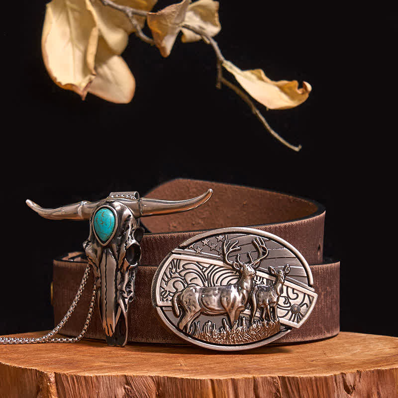 Practical DIY Hidden Knife Buckle Turquoise Longhorn Bull Pendant Bundle Set - Dual Deers - Brown Distressed Belt - 40 - image 13