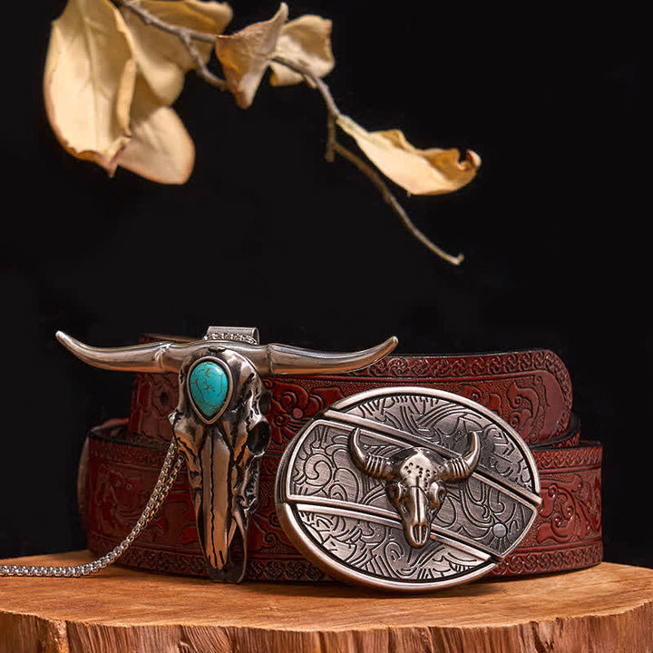 Practical DIY Hidden Knife Buckle Turquoise Longhorn Bull Pendant Bundle Set - Bull - Brown Carved Belt - 40 - image 28