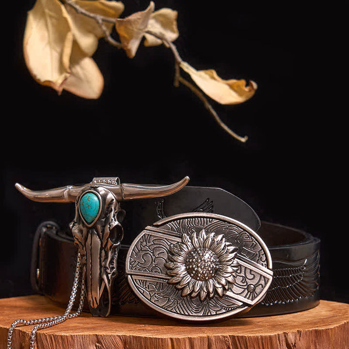 Practical DIY Hidden Knife Buckle Turquoise Longhorn Bull Pendant Bundle Set - Sunflower - Black Embossed Eagle Belt - 40 - image 0