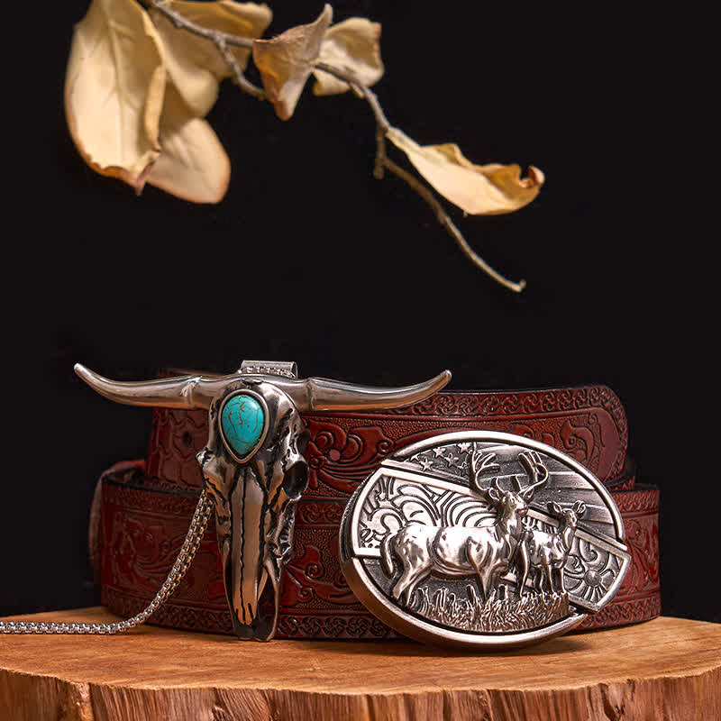 Practical DIY Hidden Knife Buckle Turquoise Longhorn Bull Pendant Bundle Set - Dual Deers - Brown Carved Belt - 40 - image 14