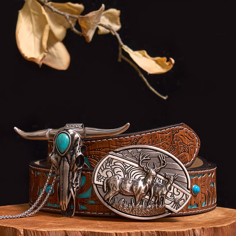 Practical DIY Hidden Knife Buckle Turquoise Longhorn Bull Pendant Bundle Set - Dual Deers - Turquoise Carved Belt - 40 - image 11