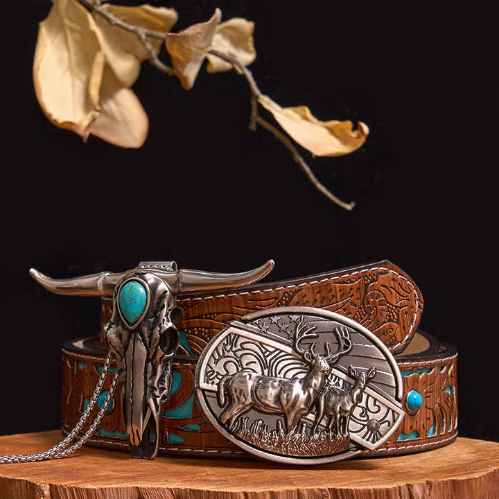 Practical DIY Hidden Knife Buckle Turquoise Longhorn Bull Pendant Bundle Set - Dual Deers - Turquoise Carved Belt - 40 - image 11