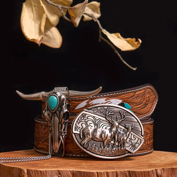 Practical DIY Hidden Knife Buckle Turquoise Longhorn Bull Pendant Bundle Set - Dual Deers - Brown Feather Belt - 40 - image 15