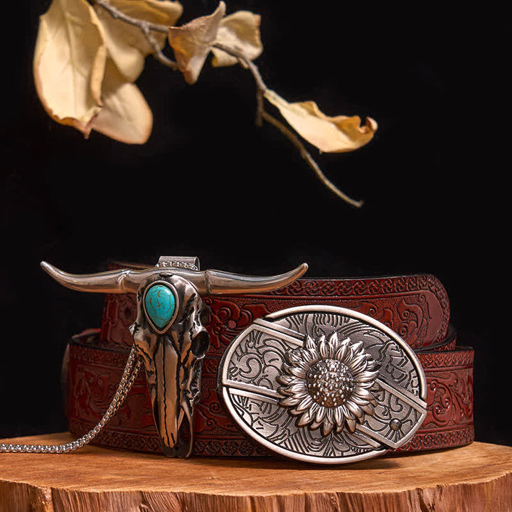 Practical DIY Hidden Knife Buckle Turquoise Longhorn Bull Pendant Bundle Set - Sunflower - Brown Carved Belt - 40 - image 7