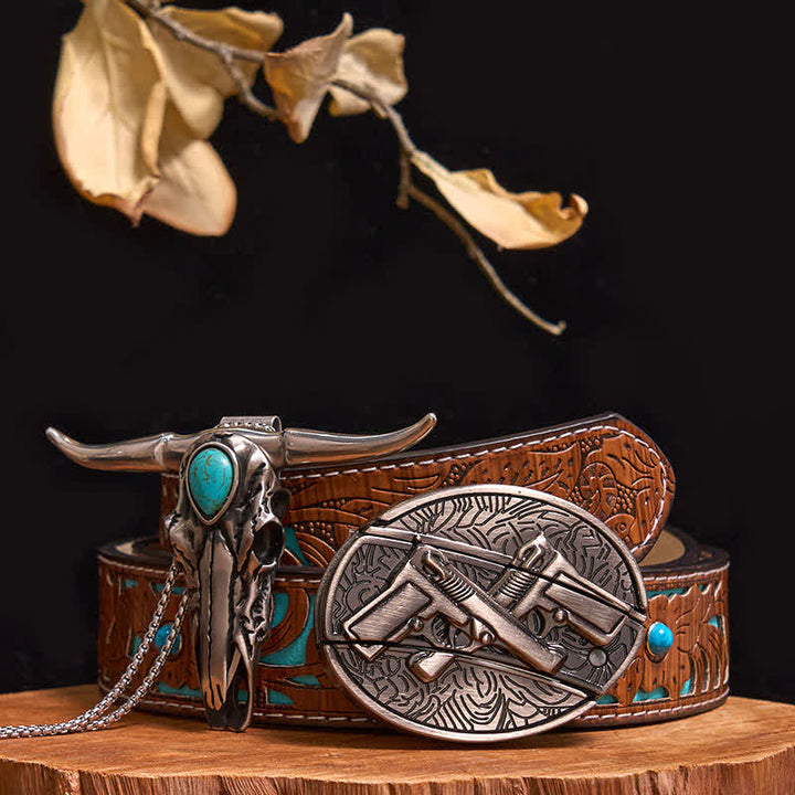 Practical DIY Hidden Knife Buckle Turquoise Longhorn Bull Pendant Bundle Set - Dual Pistols - Brown Rivet Belt - 40 - image 33