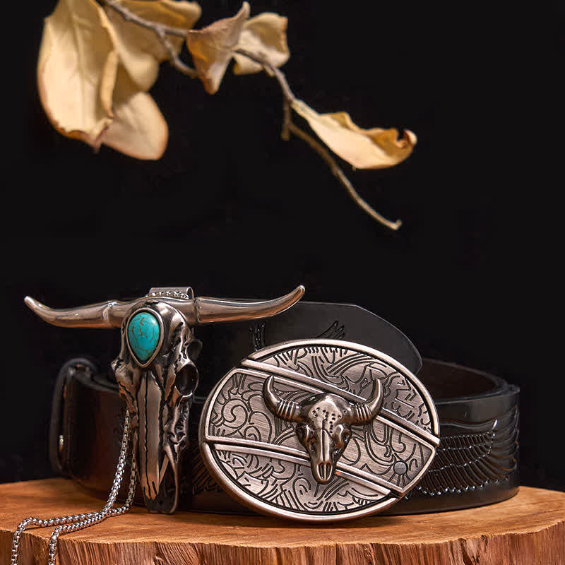 Practical DIY Hidden Knife Buckle Turquoise Longhorn Bull Pendant Bundle Set - Bull - Black Embossed Eagle Belt - 40 - image 24