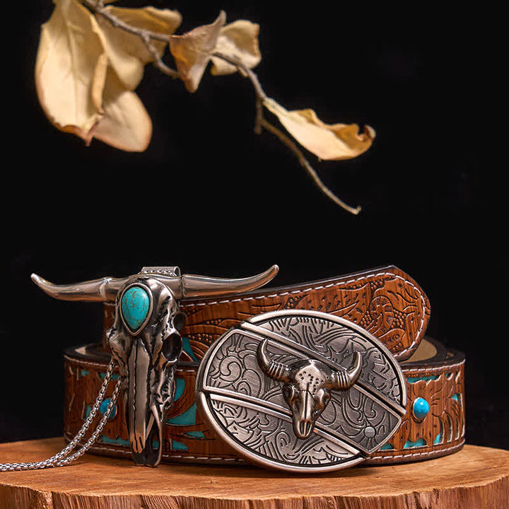 Practical DIY Hidden Knife Buckle Turquoise Longhorn Bull Pendant Bundle Set - Bull - Turquoise Carved Belt - 40 - image 25