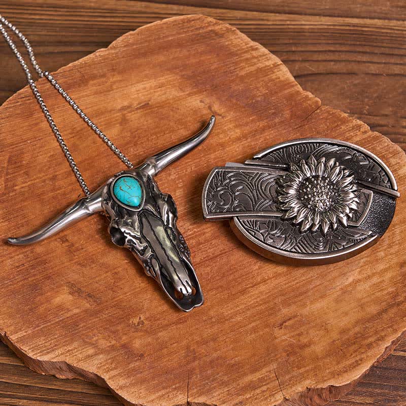 Practical DIY Hidden Knife Buckle Turquoise Longhorn Bull Pendant Bundle Set - Sunflower - Without Belt - Not Included Belt - image 1
