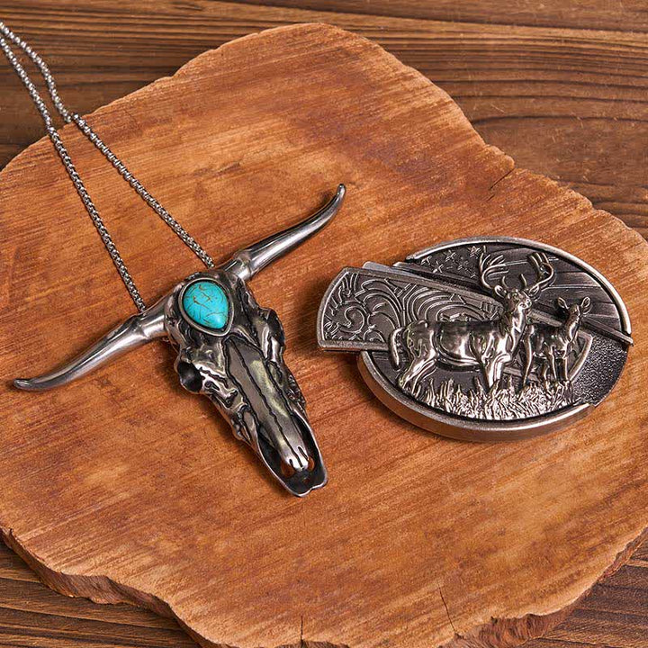 Practical DIY Hidden Knife Buckle Turquoise Longhorn Bull Pendant Bundle Set - Dual Deers - Without Belt - Not Included Belt - image 9