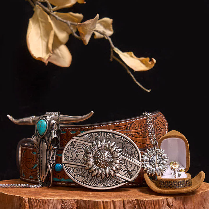 Sunflower Theme DIY Hidden Knife Belt Buckle Turquoise Bull Pendant Bundle Set - Sunflower - Turquoise Carved Belt - 42 - image 6