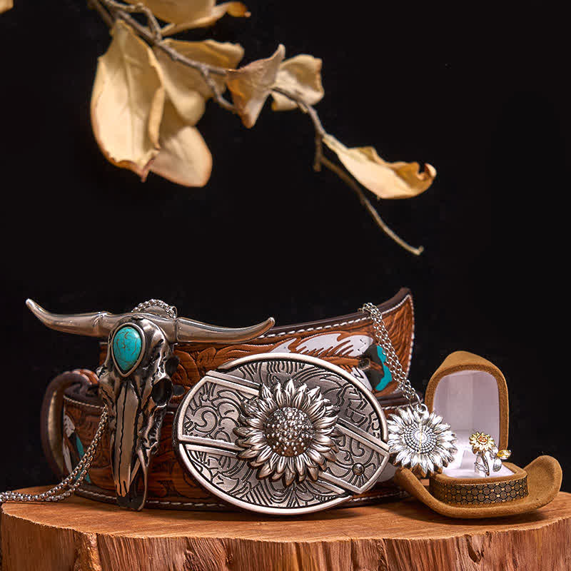 Sunflower Theme DIY Hidden Knife Belt Buckle Turquoise Bull Pendant Bundle Set - Sunflower - Brown Feather Belt - 40 - image 10