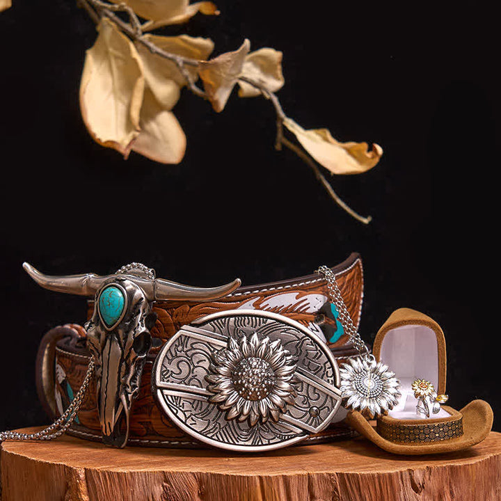 Sunflower Theme DIY Hidden Knife Belt Buckle Turquoise Bull Pendant Bundle Set - Sunflower - Brown Feather Belt - 40 - image 10