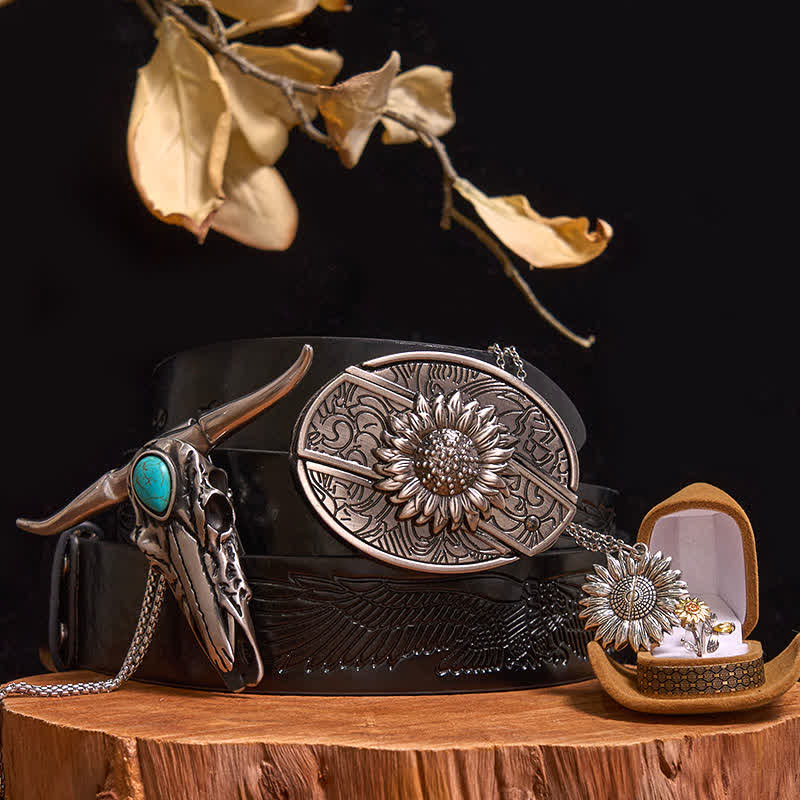 Sunflower Theme DIY Hidden Knife Belt Buckle Turquoise Bull Pendant Bundle Set - Sunflower - Black Embossed Eagle Belt - 42 - image 0