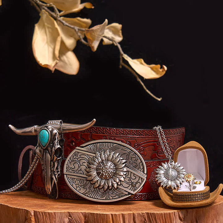 Sunflower Theme DIY Hidden Knife Belt Buckle Turquoise Bull Pendant Bundle Set (PRE-SALE) - Sunflower - Brown Carved Belt - 42 - image 9
