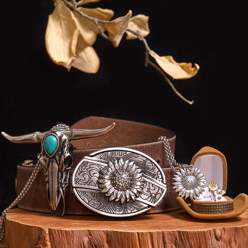 Sunflower Theme DIY Hidden Knife Belt Buckle Turquoise Bull Pendant Bundle Set - Sunflower - Brown Distressed Belt - 42 - image 8