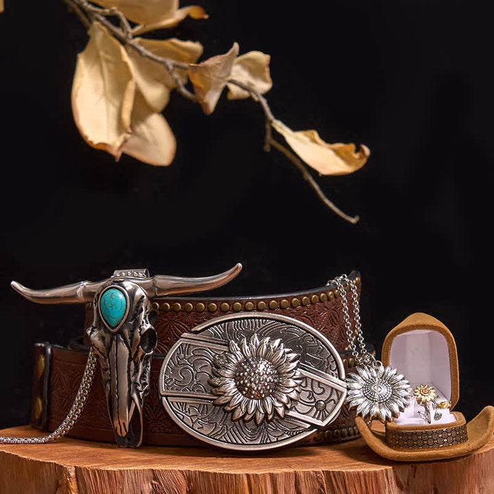 Sunflower Theme DIY Hidden Knife Belt Buckle Turquoise Bull Pendant Bundle Set - Sunflower - Brown Rivet Belt - 42 - image 7