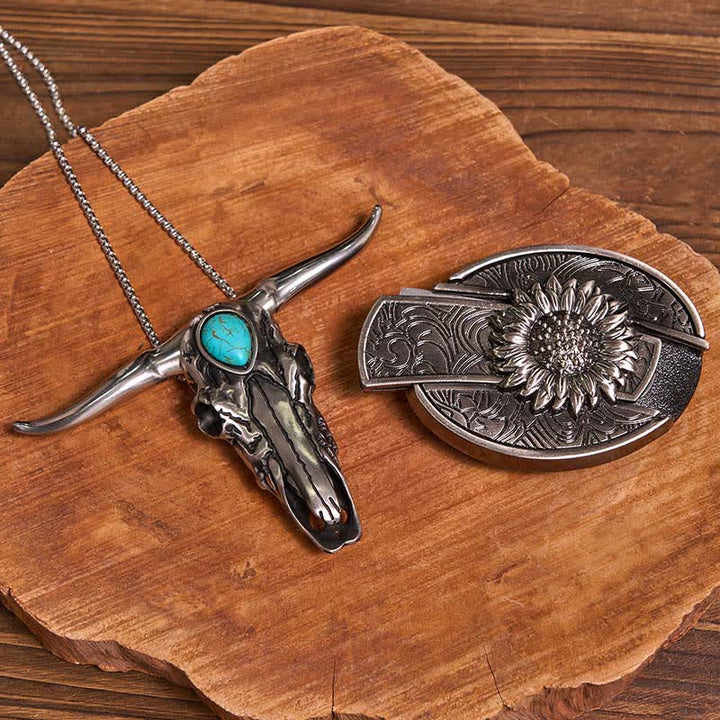 Sunflower Theme DIY Hidden Knife Belt Buckle Turquoise Bull Pendant Bundle Set - image 1