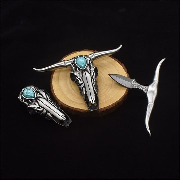 Longhorn Skull Turquoise Multi-function EDC Tool Pendant Belt Buckle - Silver - image 0