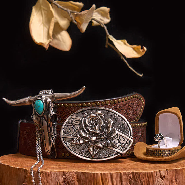 Rose Theme DIY Hidden Knife Belt Buckle Turquoise Bull Pendant Bundle Set - Rose - Brown Rivet Belt - 42 - image 7