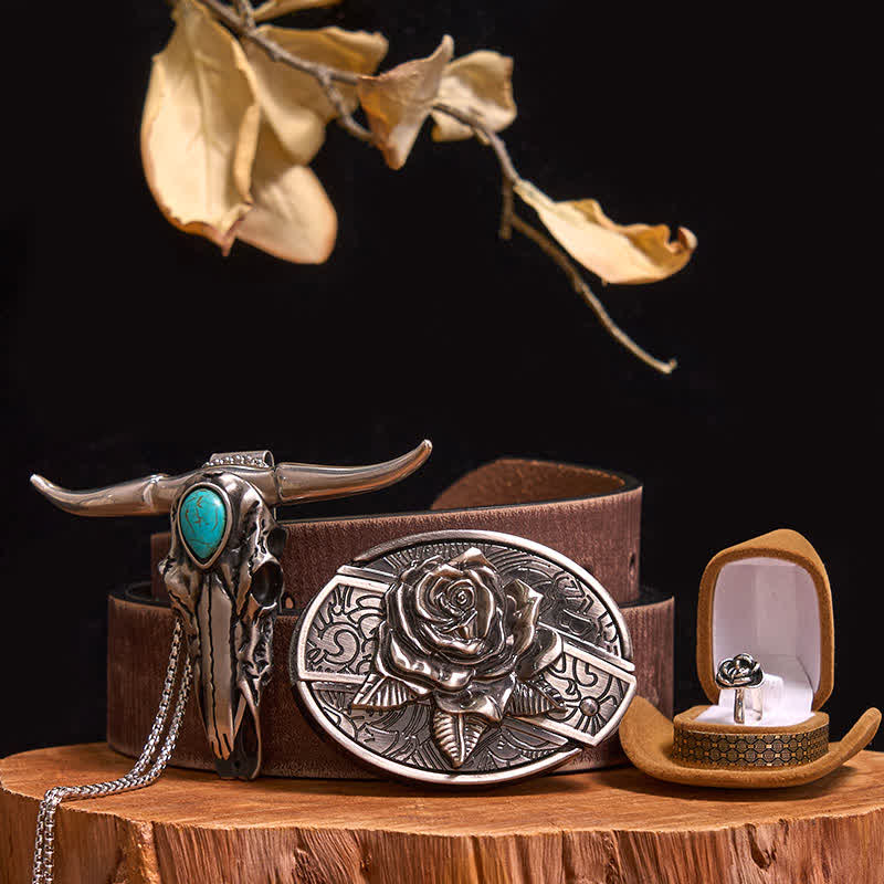 Rose Theme DIY Hidden Knife Belt Buckle Turquoise Bull Pendant Bundle Set - Rose - Brown Distressed Belt - 42 - image 8