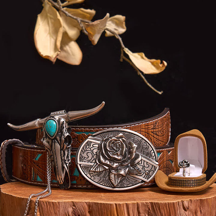Rose Theme DIY Hidden Knife Belt Buckle Turquoise Bull Pendant Bundle Set - Rose - Turquoise Carved Belt - 42 - image 6