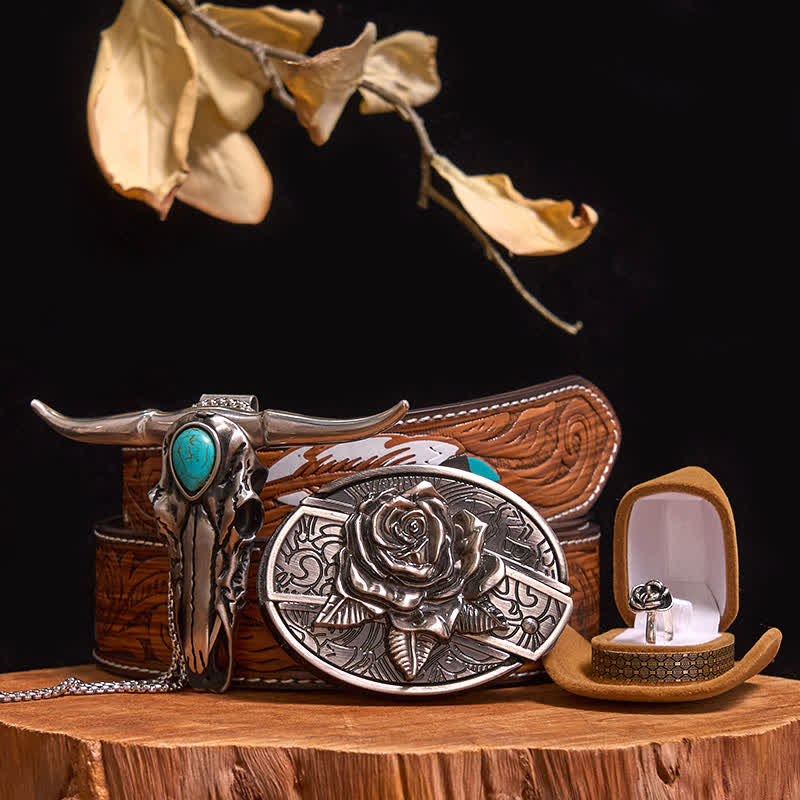Rose Theme DIY Hidden Knife Belt Buckle Turquoise Bull Pendant Bundle Set - Rose - Brown Feather Belt - 40 - image 9