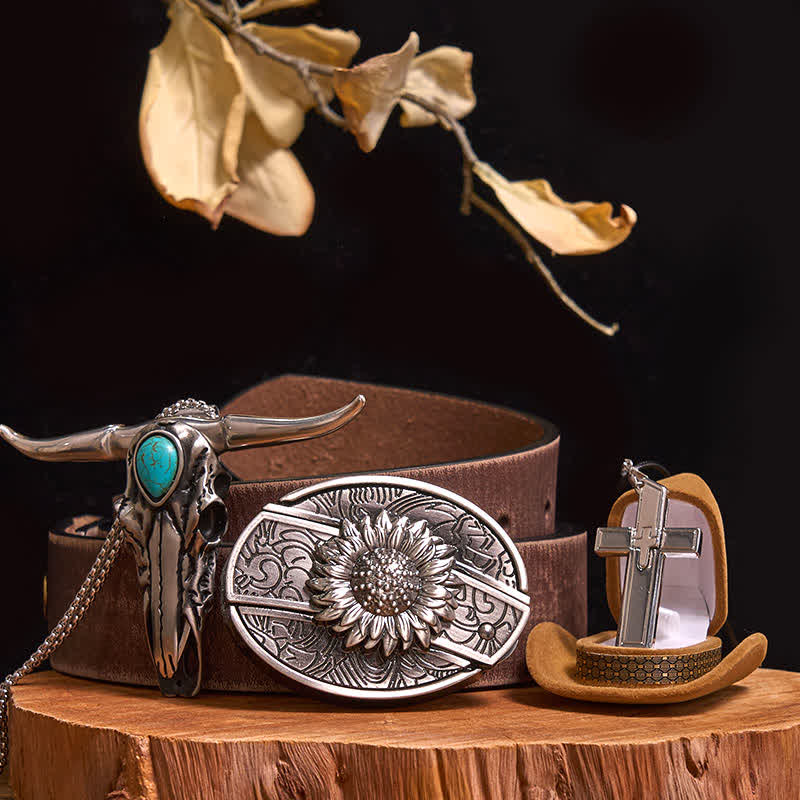 DIY Hidden Knife Belt Buckle Turquoise Bull Pendant Cross Necklace Bundle Set - Sunflower - Brown Distressed Belt - 42 - image 0