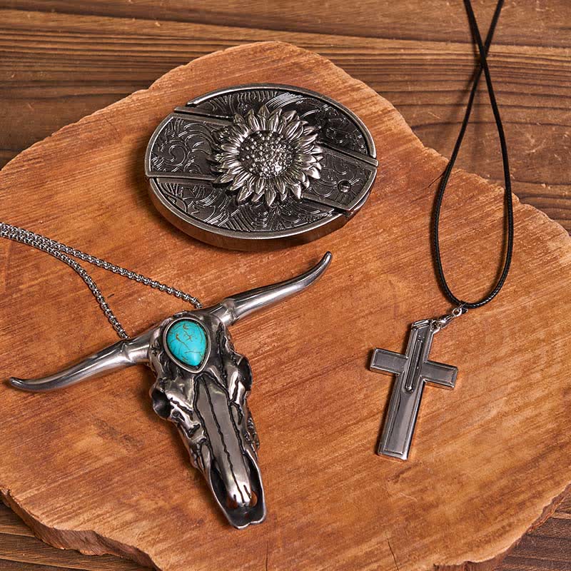 DIY Hidden Knife Belt Buckle Turquoise Bull Pendant Cross Necklace Bundle Set (PRE-SALE) - Sunflower - Without Belt - Not Included Belt - image 1
