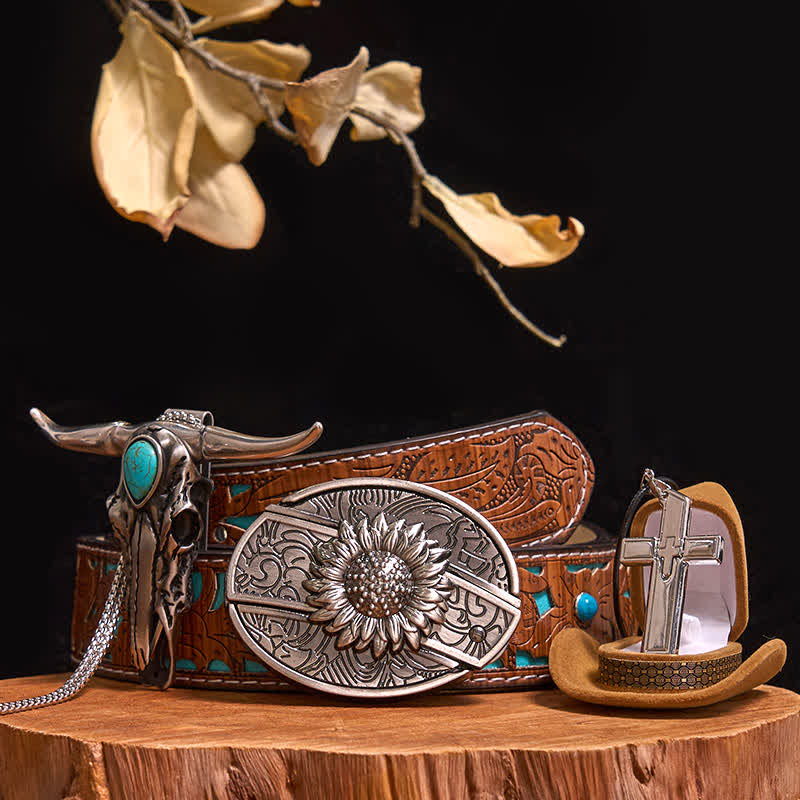 DIY Hidden Knife Belt Buckle Turquoise Bull Pendant Cross Necklace Bundle Set (PRE-SALE) - Sunflower - Turquoise Carved Belt - 42 - image 8