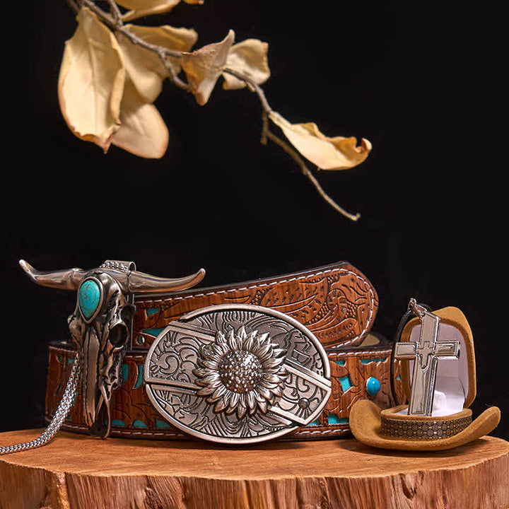 DIY Hidden Knife Belt Buckle Turquoise Bull Pendant Cross Necklace Bundle Set (PRE-SALE) - Sunflower - Turquoise Carved Belt - 42 - image 8